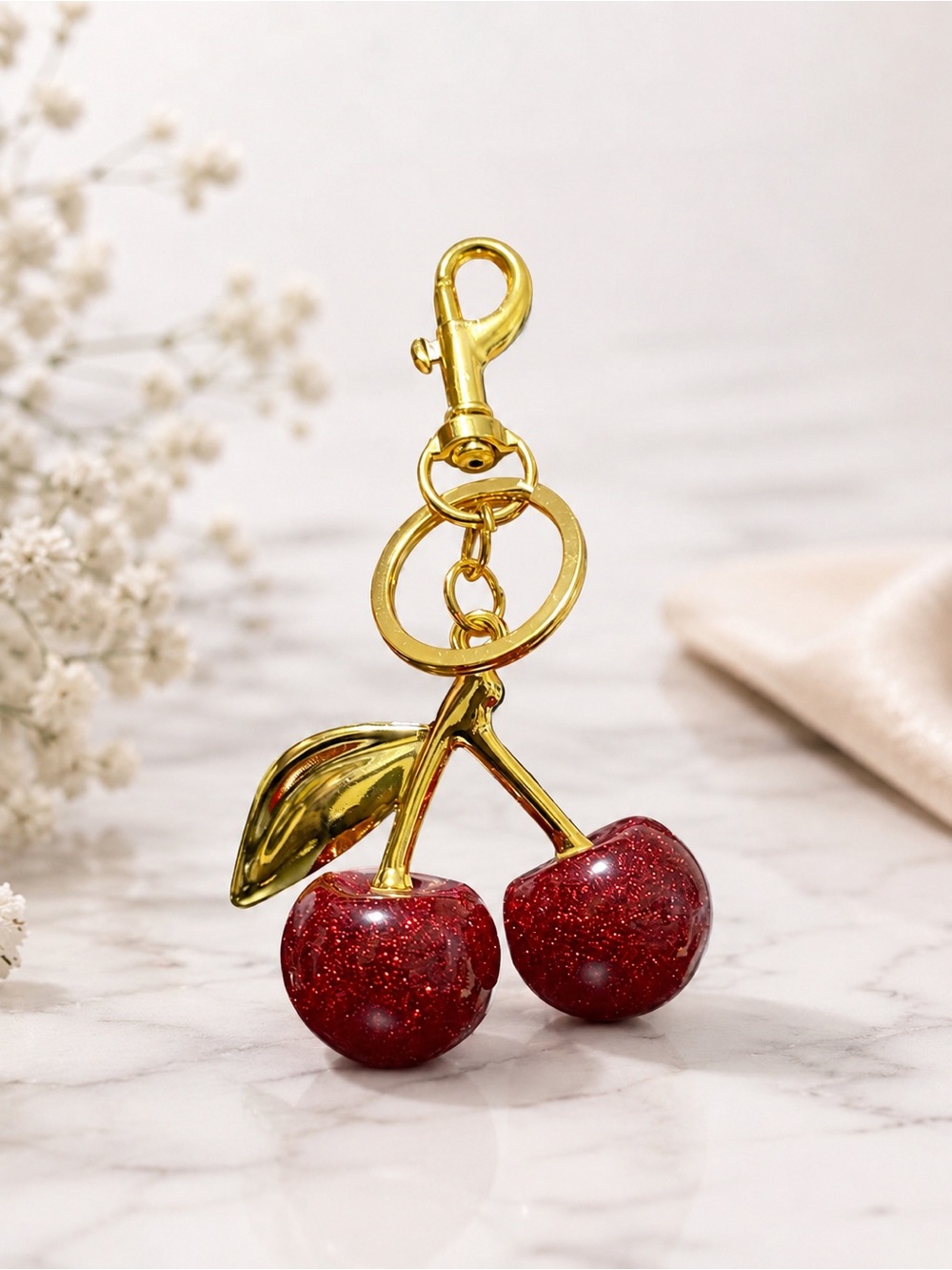 Gold Cherry Charm Key & Card Holder - Red Glitter Cherries